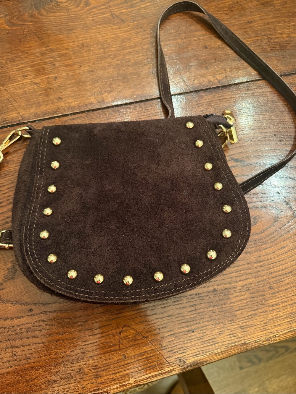 Persaman Brown Suede Crossbody Bag with Gold Stud Accents